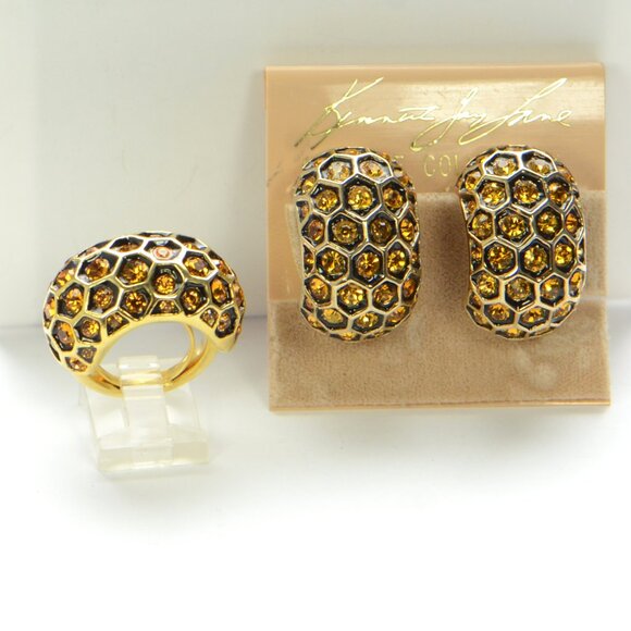 Vintage Kenneth Jay Lane KJL Crystal Clip Earrings and Ring Size -7